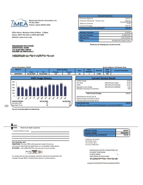 USA MEA Alaska electricity business utility bill template in Word and PDF formats